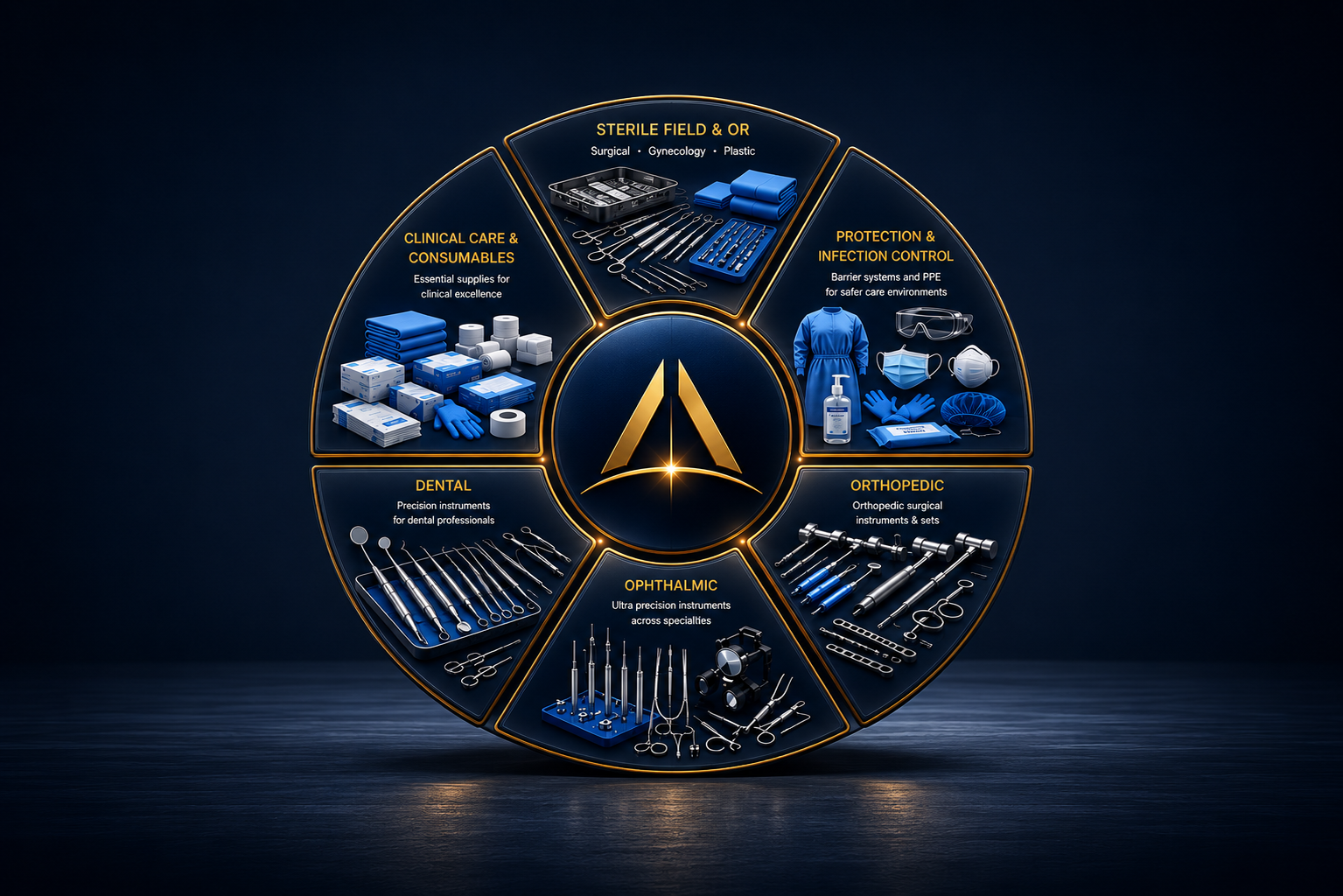 AGP Clinical Procurement Ecosystem — six product categories around the Atlas mark