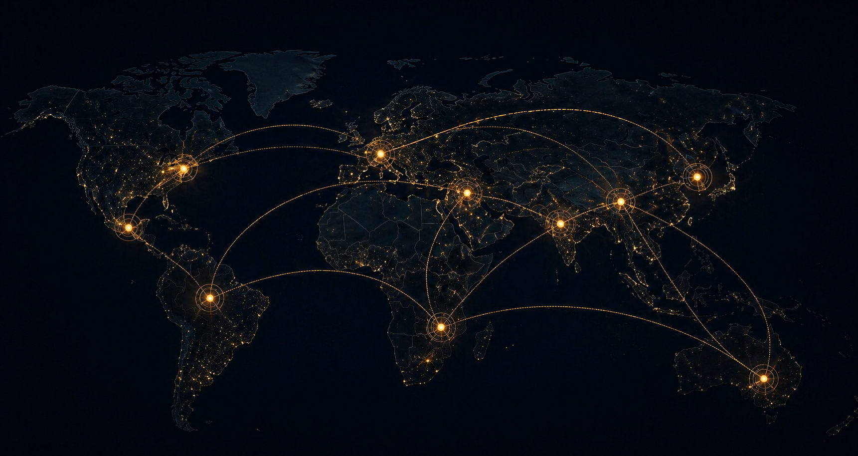 Global network with connected hubs across all continents