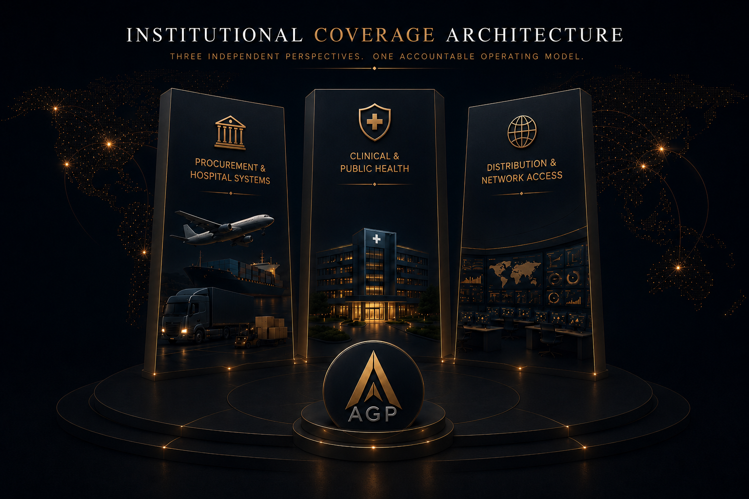 Institutional Coverage Architecture — three pillars: Procurement & Hospital Systems, Clinical & Global Public Health, Distribution & Network Access